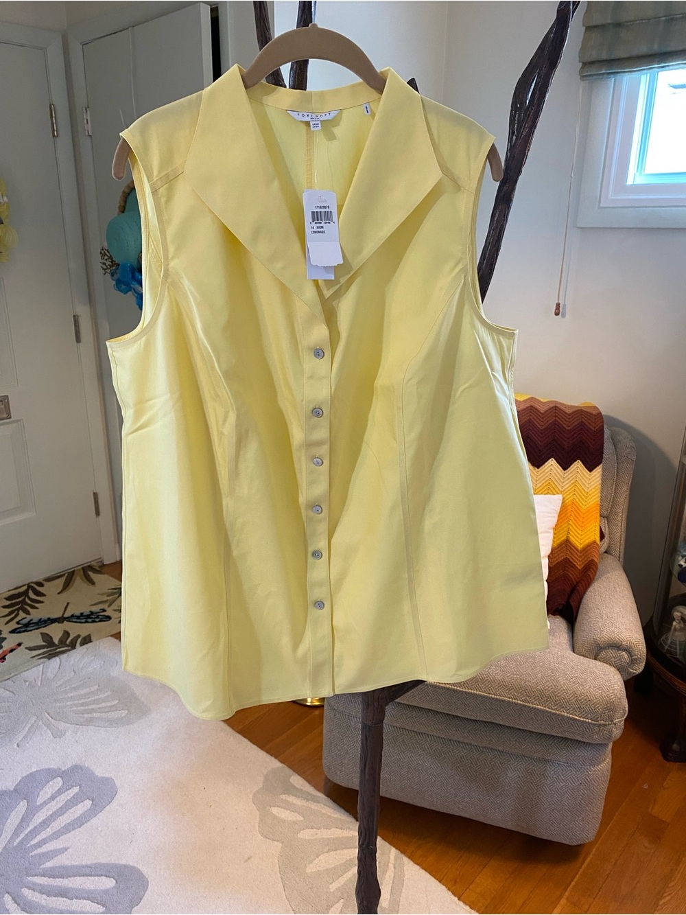 Fox Croft Cotton Sleeveless Button-Front Yellow lemonade No iron Top 14W. NWT